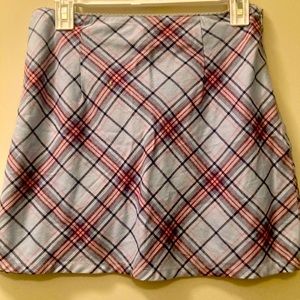 Blue red and black patterned mini skirt, size 6